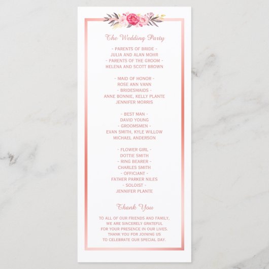 Trendy Rose Gold Frame Floral Wedding Programm (Rückseite)