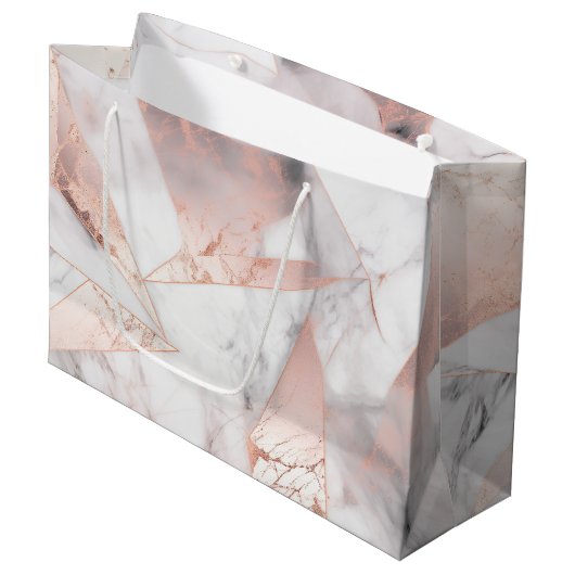 Trendy Rose Gold Geometric Marble Große Geschenktüte (Vorderseite Schrägansicht)