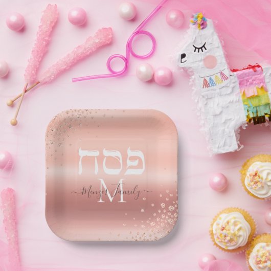 Trendy Rose Gold Glitzer Custom Monogram Passover Pappteller (Party)