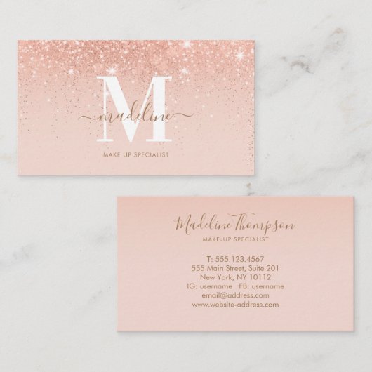 Trendy Rose Gold Glitzer Elegante Script Monogram Visitenkarte (Vorne/Hinten)