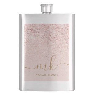 Trendy Rose Gold Glitzer Extravagante Initialen un Flachmann