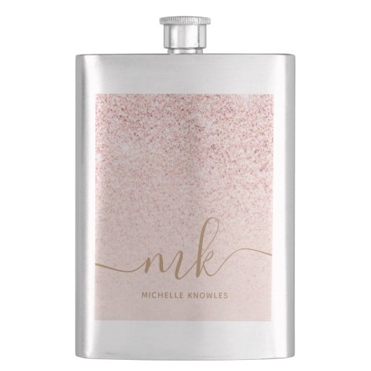 Trendy Rose Gold Glitzer Extravagante Initialen un Flachmann (Vorderseite)
