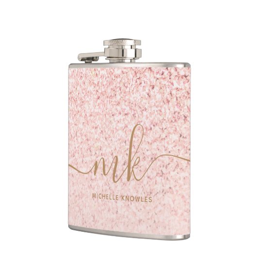 Trendy Rose Gold Glitzer Extravagante Initialen un Flachmann (Links)