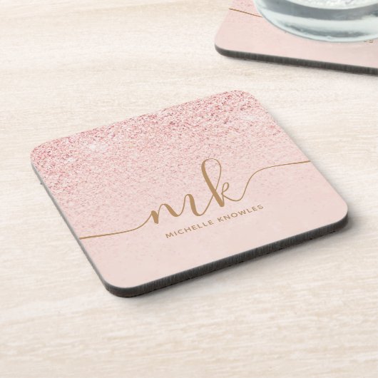 Trendy Rose Gold Glitzer Extravagante Initialen un Getränkeuntersetzer (Linke Seite)