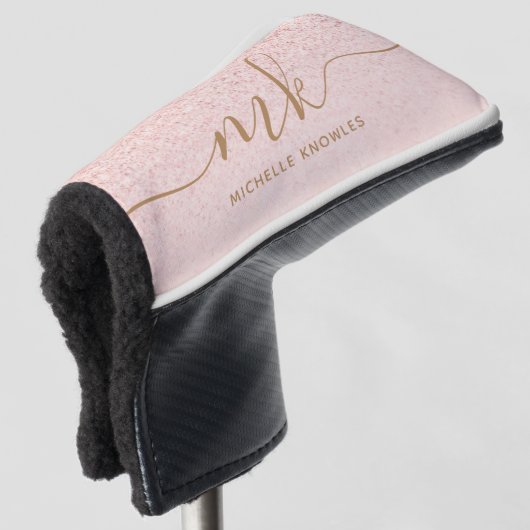 Trendy Rose Gold Glitzer Extravagante Initialen un Golf Headcover (3/4 Vorderseite)