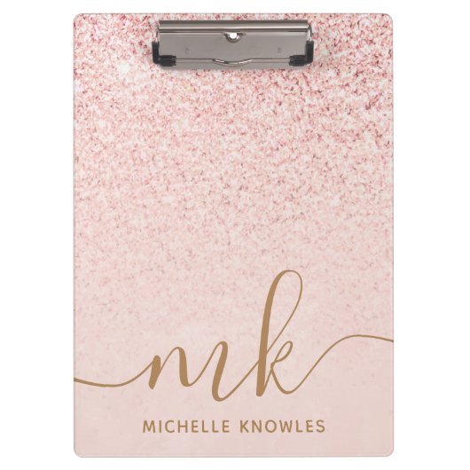 Trendy Rose Gold Glitzer Extravagante Initialen un Klemmbrett (Vorderseite)
