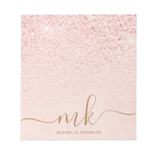 Trendy Rose Gold Glitzer Extravagante Initialen un Notizblock (Vorderseite)