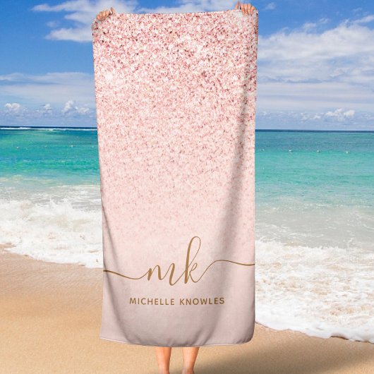 Trendy Rose Gold Glitzer Extravagante Initialen un Strandtuch