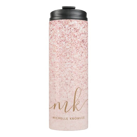 Trendy Rose Gold Glitzer Extravagante Initialen un Thermosbecher (Vorderseite)