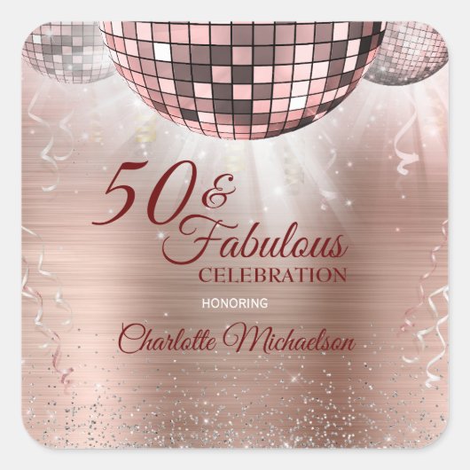 Trendy Rose Gold Glitzer Glam 50 & Fantastische Di Quadratischer Aufkleber (Vorderseite)