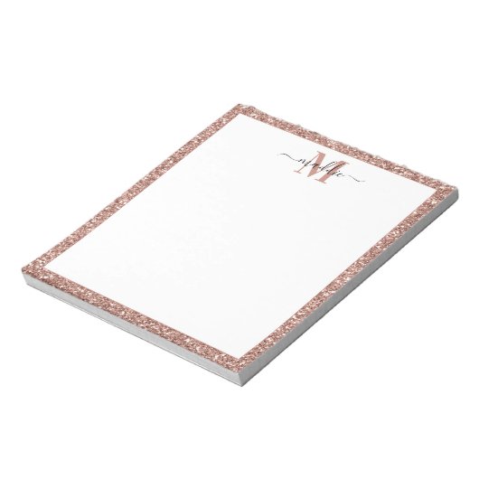Trendy Rose Gold Glitzer Initial/Name Monogram Notizblock (Rotiert)