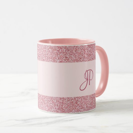 Trendy Rose Gold Glitzer Look Template Monogramm Tasse (VorderseiteRechts)