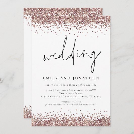 Trendy Rose Gold Glitzer QR Code Wedding Einladung (Vorne/Hinten)