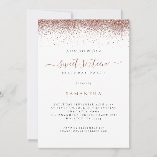 Trendy Rose Gold Glitzer Script Sweet 16 Einladung (Vorderseite)