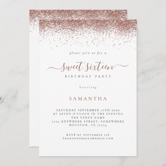 Trendy Rose Gold Glitzer Script Sweet 16 Einladung (Vorne/Hinten)