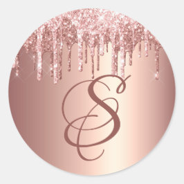 Trendy Rose Gold Glitzer Tropfen Grafische Monogra Runder Aufkleber