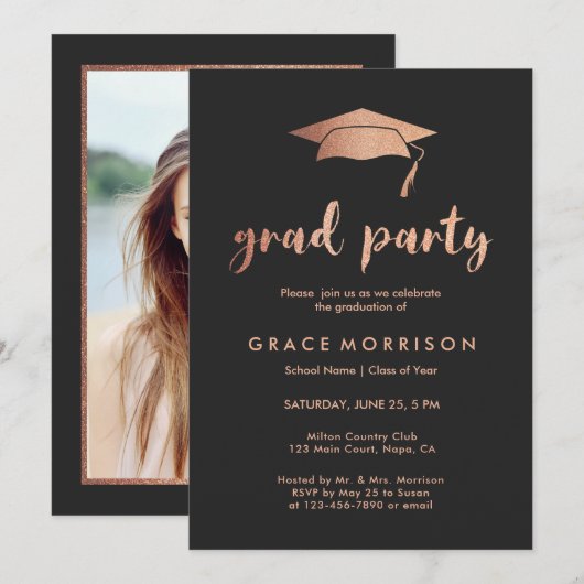 Trendy Rose Gold Graduation Party Foto Einladung (Vorne/Hinten)