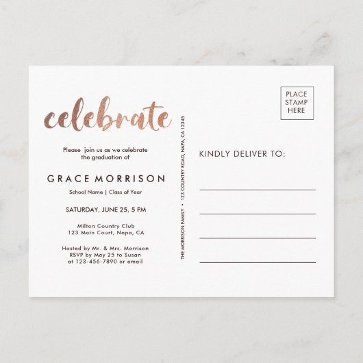 Trendy Rose Gold Graduation Party Foto Einladungspostkarte (Rückseite)