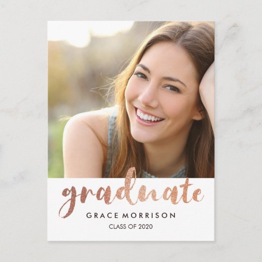 Trendy Rose Gold Graduation Party Foto Einladungspostkarte (Vorderseite)