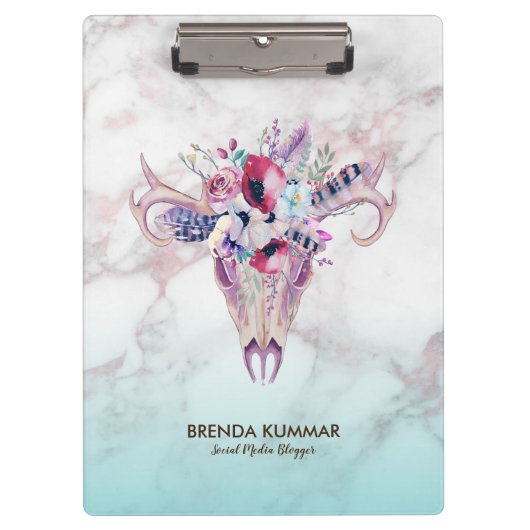 Trendy Rose gold Marble Ombre & Boho Skull Klemmbrett (Vorderseite)
