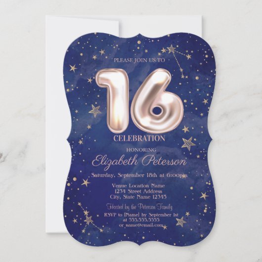 Trendy Rose Gold Stars Navy Blue Sweet 16 Einladung (Vorderseite)