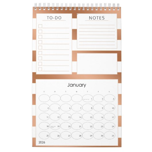 Trendy Rose Gold Streifen Jährlich Monatsplaner Kalender (Jan 2026)