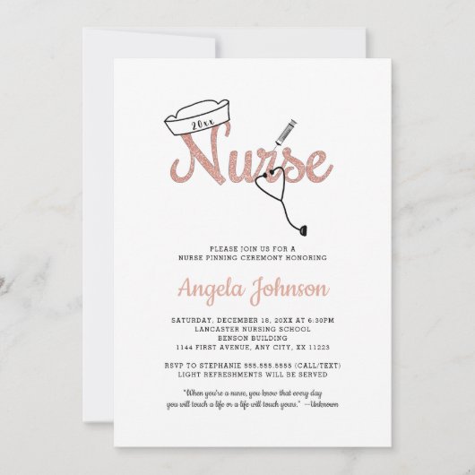Trendy Rose Goldene Nurse-Gewinnerei / pink Einladung (Vorderseite)