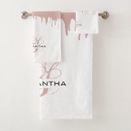 Trendy Rose Pink Gold Metallic Tropfen Monogram Badhandtuch Set