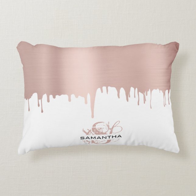 Trendy Rose Pink Gold Metallic Tropfen Monogram Dekokissen (Vorderseite)
