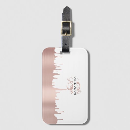 Trendy Rose Pink Gold Metallic Tropfen Monogram Gepäckanhänger (Vorderseite Vertikal)