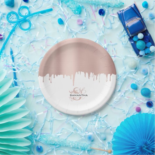 Trendy Rose Pink Gold Metallic Tropfen Monogram Pappteller (Party)