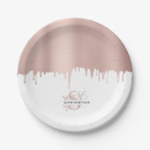 Trendy Rose Pink Gold Metallic Tropfen Monogram Pappteller (Vorderseite)