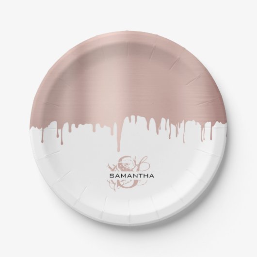 Trendy Rose Pink Gold Metallic Tropfen Monogram Pappteller (Vorderseite)