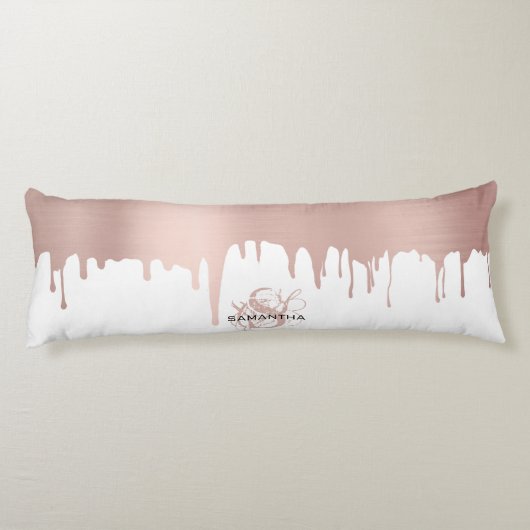 Trendy Rose Pink Gold Metallic Tropfen Monogram Seitenschläferkissen (Rückseite)
