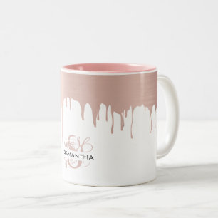 Trendy Rose Pink Gold Metallic Tropfen Monogram Zweifarbige Tasse