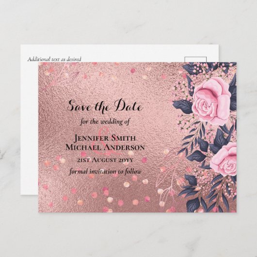 Trendy ROSEGOLD Wedding Metallic Pink Navy Glitzer Postkarte (Vorne/Hinten)
