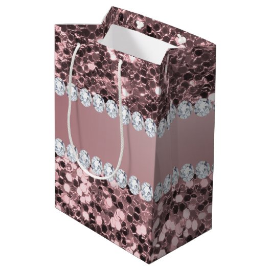 Trendy Rosen-GoldImitat-Glitzer und Diamanten Mittlere Geschenktüte (Rückseite Schrägansicht)