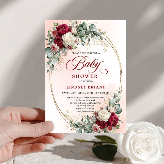 Trendy Rustic Burgundy Gold Baby Shower Invitation Einladung