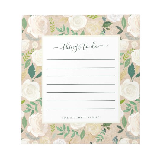 Trendy Rustic White Floral on Kraft | Maßnahmen Notizblock (Vorderseite)
