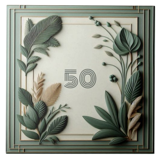Trendy Sage Green Art Deco Leaves Botanical Number Fliese (Vorderseite)