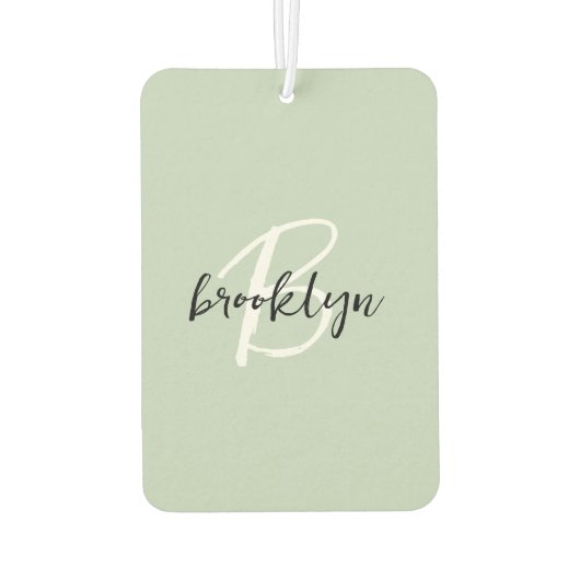 Trendy Sage Green Black White Script Monogram Autolufterfrischer (Rückseite)