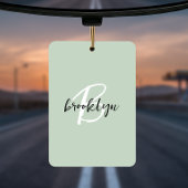 Trendy Sage Green Black White Script Monogram Autolufterfrischer