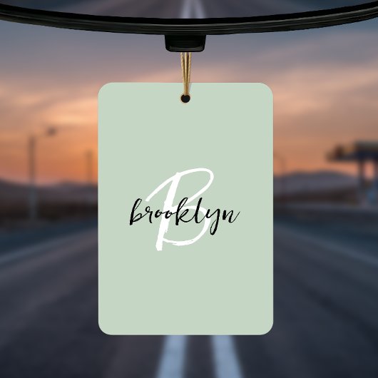 Trendy Sage Green Black White Script Monogram  Autolufterfrischer