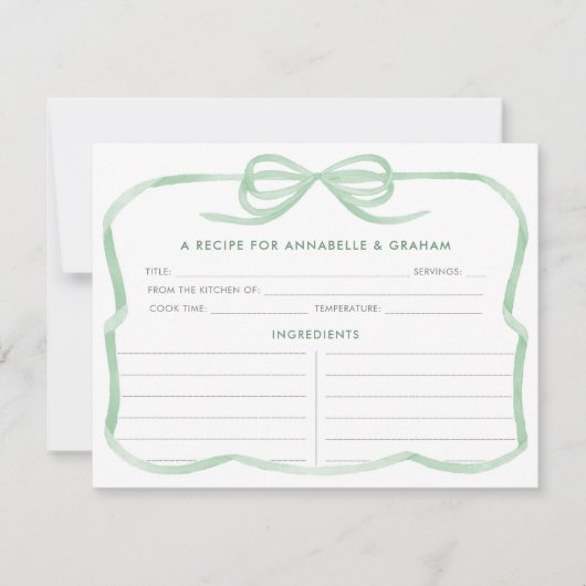 Trendy Sage Green Bow Brautparty Rezept Card Einladung (Vorderseite)