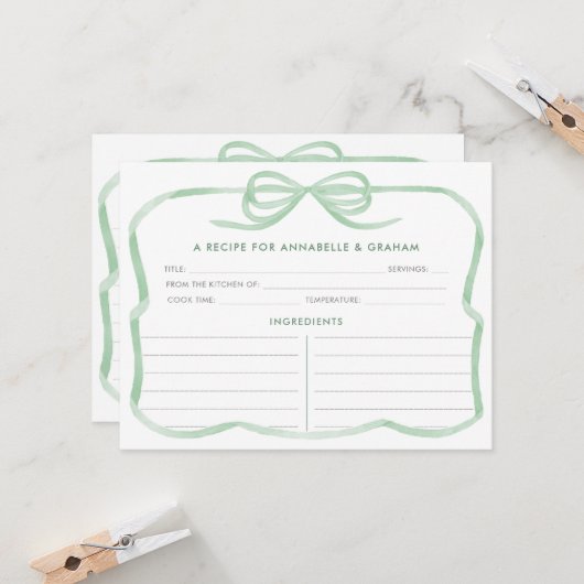 Trendy Sage Green Bow Brautparty Rezept Card Einladung (Vorderseite/Rückseite Beispiel)
