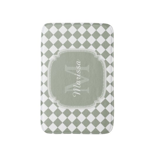 Trendy Sage Green Checked Mit Monogramm Name Badematte (Vorderseite Vertikal)