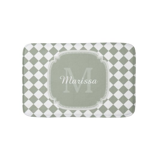 Trendy Sage Green Checked Mit Monogramm Name Badematte (Vorderseite)