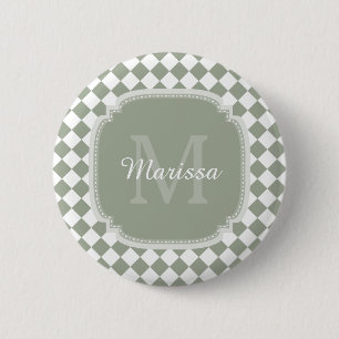 Trendy Sage Green Checked Mit Monogramm Name Button