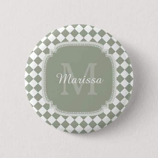 Trendy Sage Green Checked Mit Monogramm Name Button (Vorderseite)