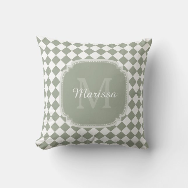 Trendy Sage Green Checked Mit Monogramm Name Kissen (Vorderseite)